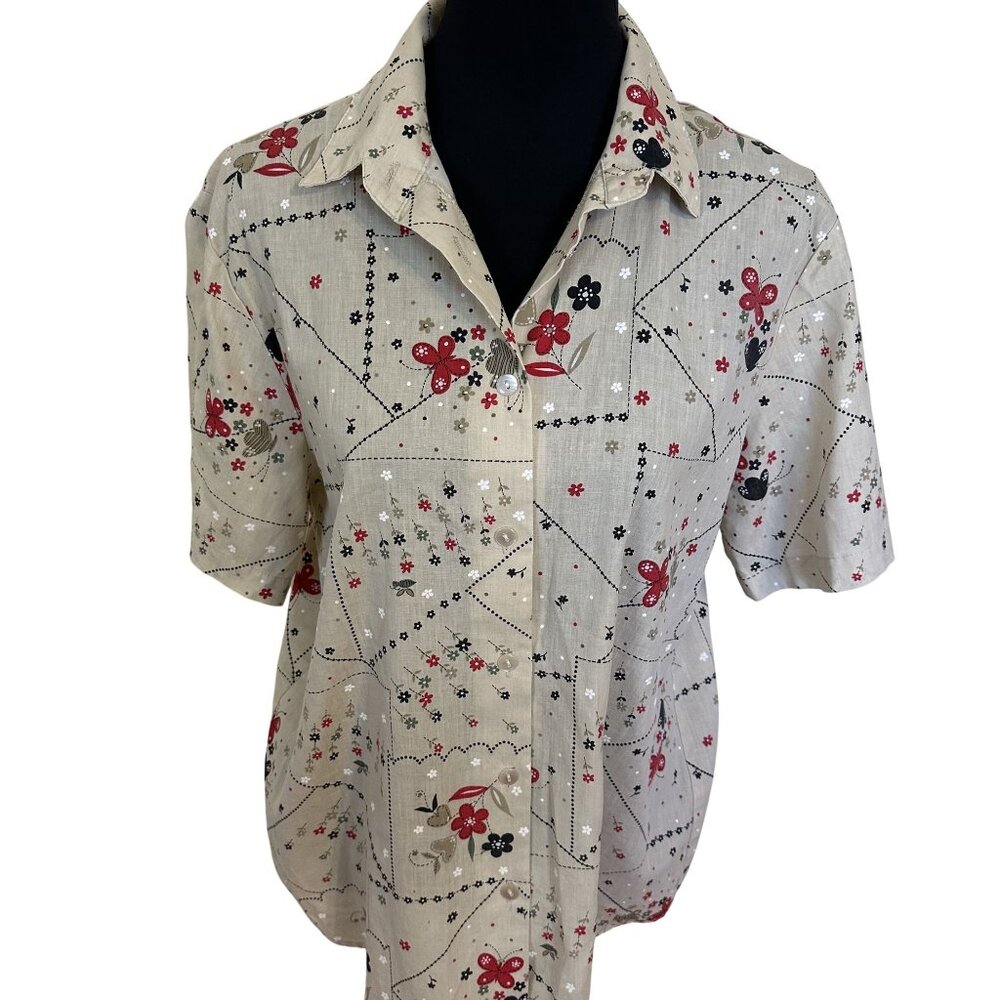 Vtg Beige Short Sleeve Button Up Shirt Red & Black Patchwork Womens XL July 4th